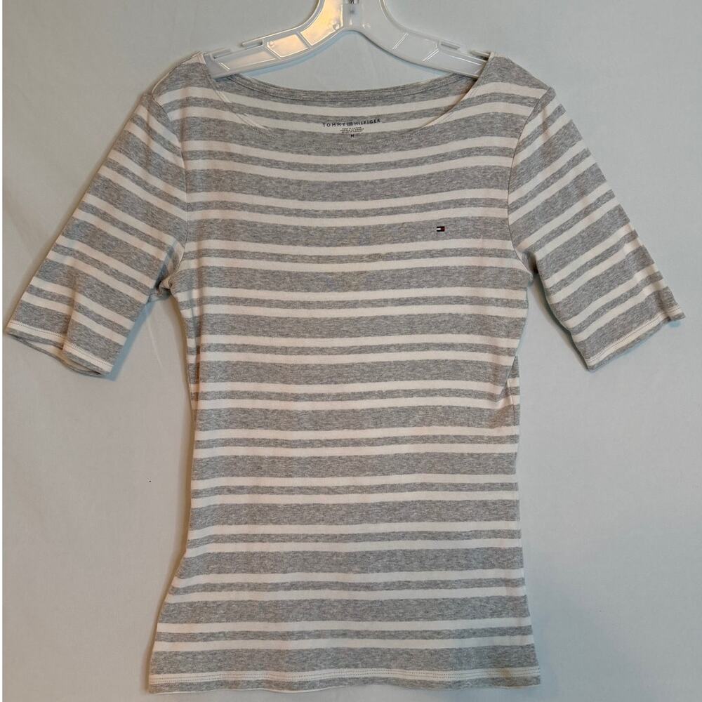 Tommy‎ Hilfiger Women's Gray and White Striped Top Size MEDIUM